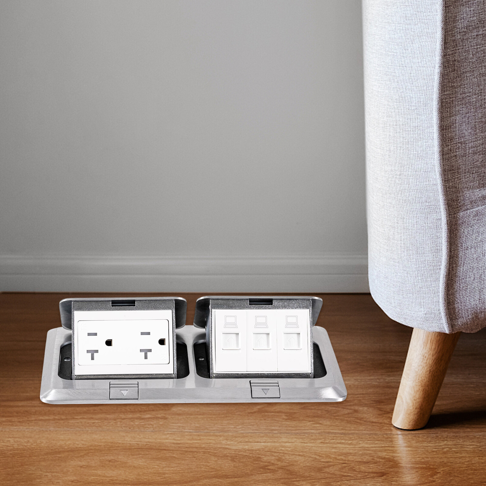 Dual Pop Up Floor Outlet 20A USB W/ Sockets Electrical Outlet Receptacle Silver