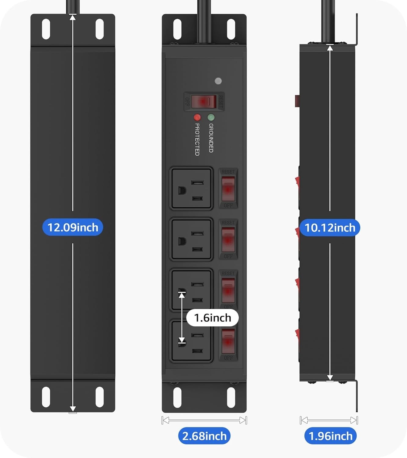 Industrial Grade Power Strip with 20A Switches & 4800J Surge Protection, Black
