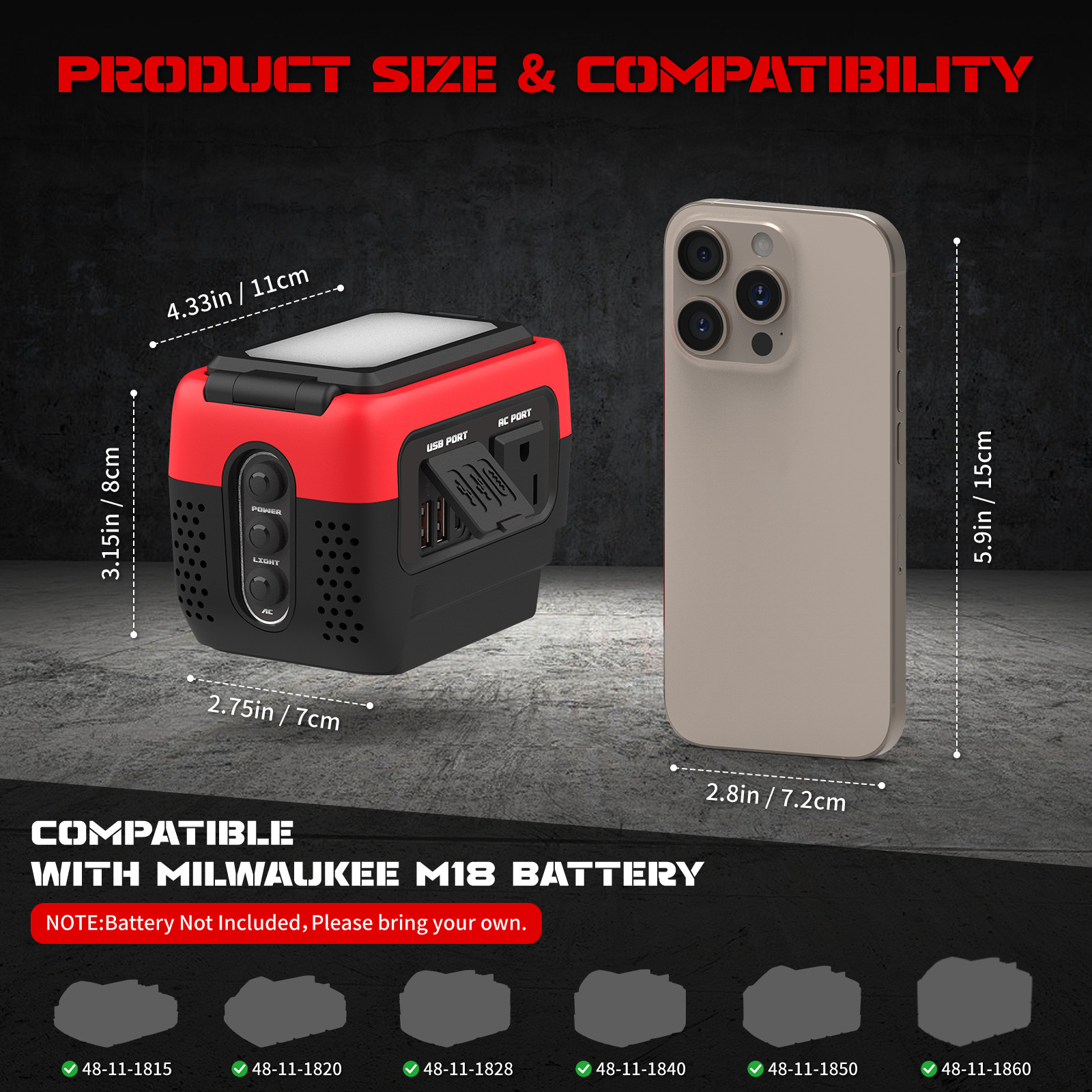 240W AC 120V Outlet USB-C Pure Sine Wave Inverter for Milwaukee 18V Battery