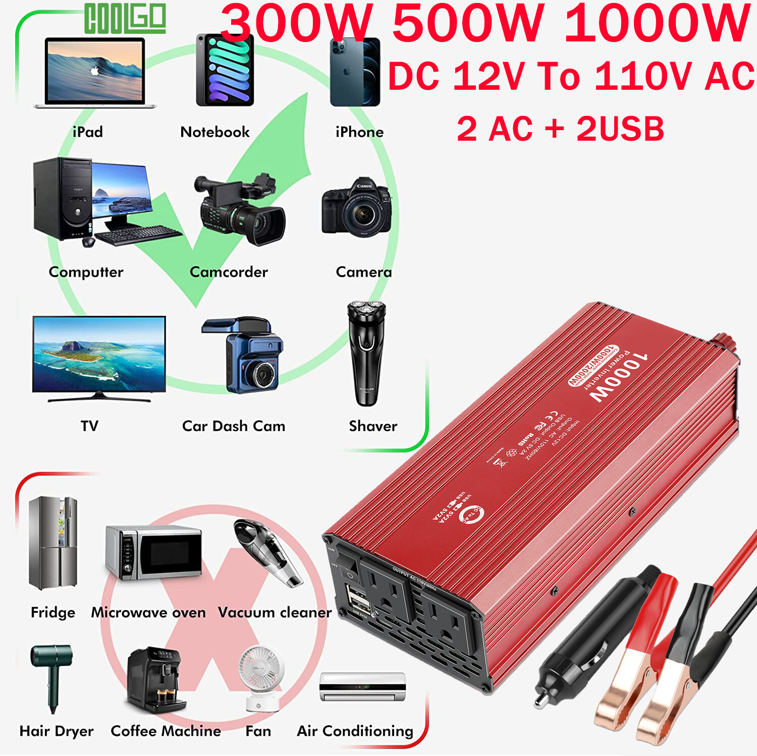 300W 500W 1000W Power Inverter DC 12V to 110V AC Converter 2 AC +2 USB Outlets