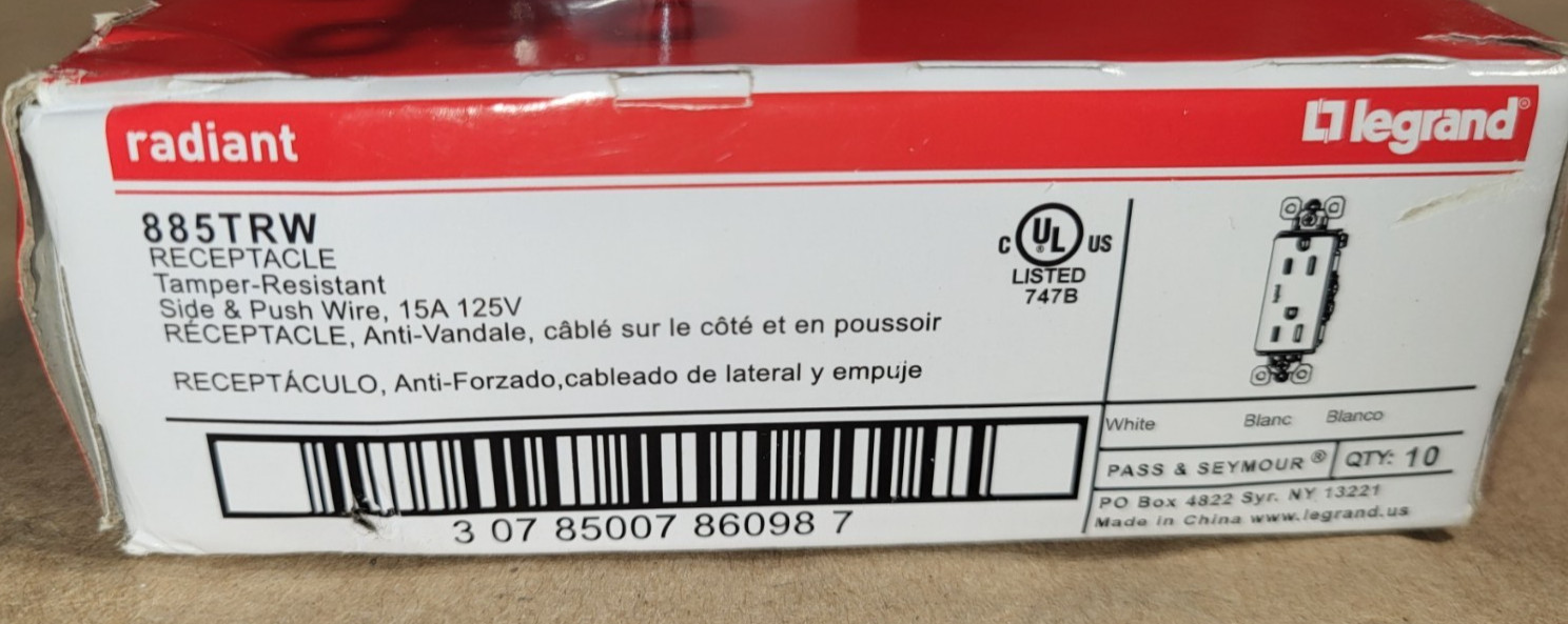 10 Pack Legrand Radiant 15A 125V Tamper Resistant Receptacle White 885TRW