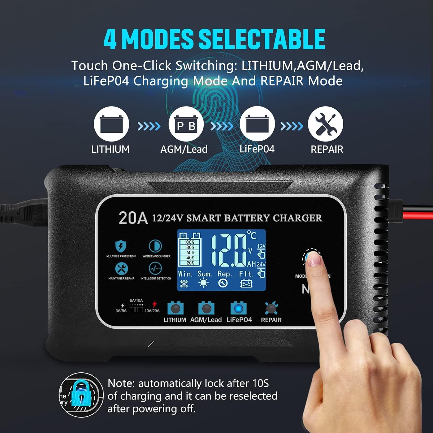 20-Amp Lifepo4 Lithium AGM Gel Smart Battery Charger, 12V/20A 24V/10A Trickle