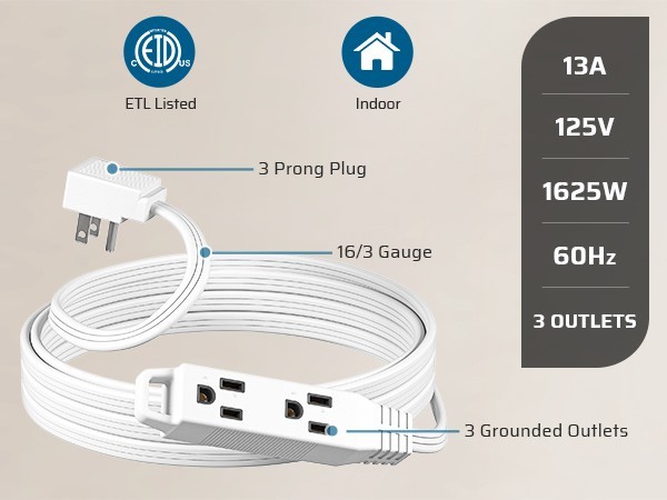 DEWENWILS 15FT Flat Plug Extension Cord, Ultra Thin 3-Outlet Power Strip