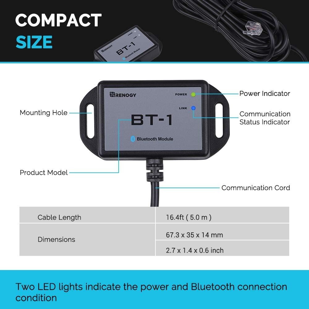 BT-1 Bluetooth Solar Monitor for Renogy Wanderer/Adventurer Controllers,