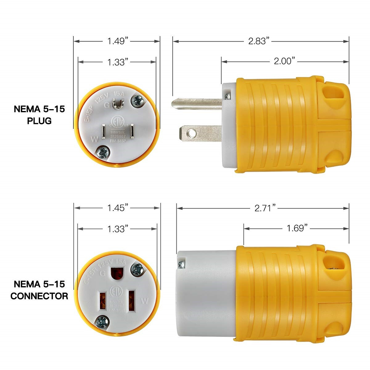 15Amp 125V Extension Cord Ends Male Female 5-15P/R Plug & Connector 3-Prong ETL