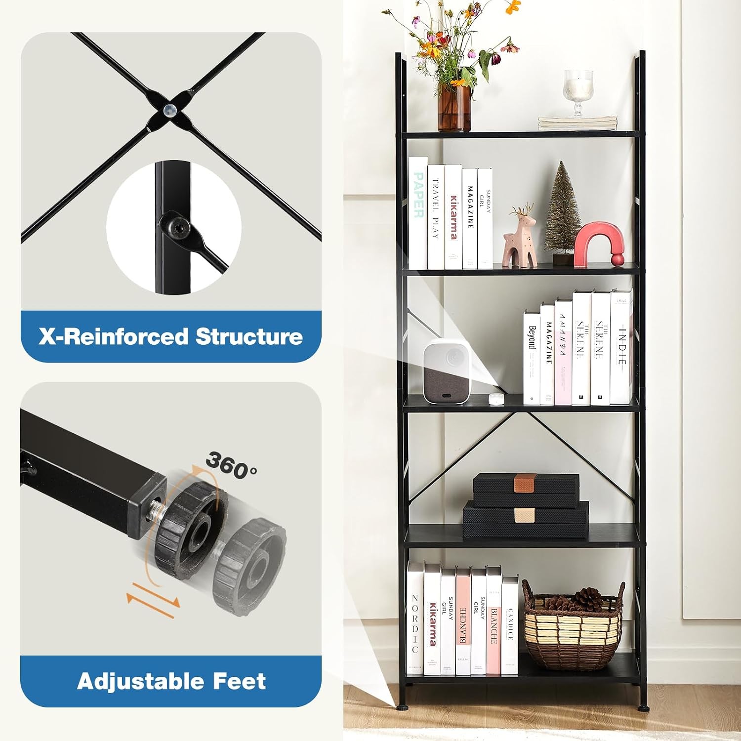 DUMOS 5 Tiers Open Bookshelf, Classic Freestanding Tall Display Shelf