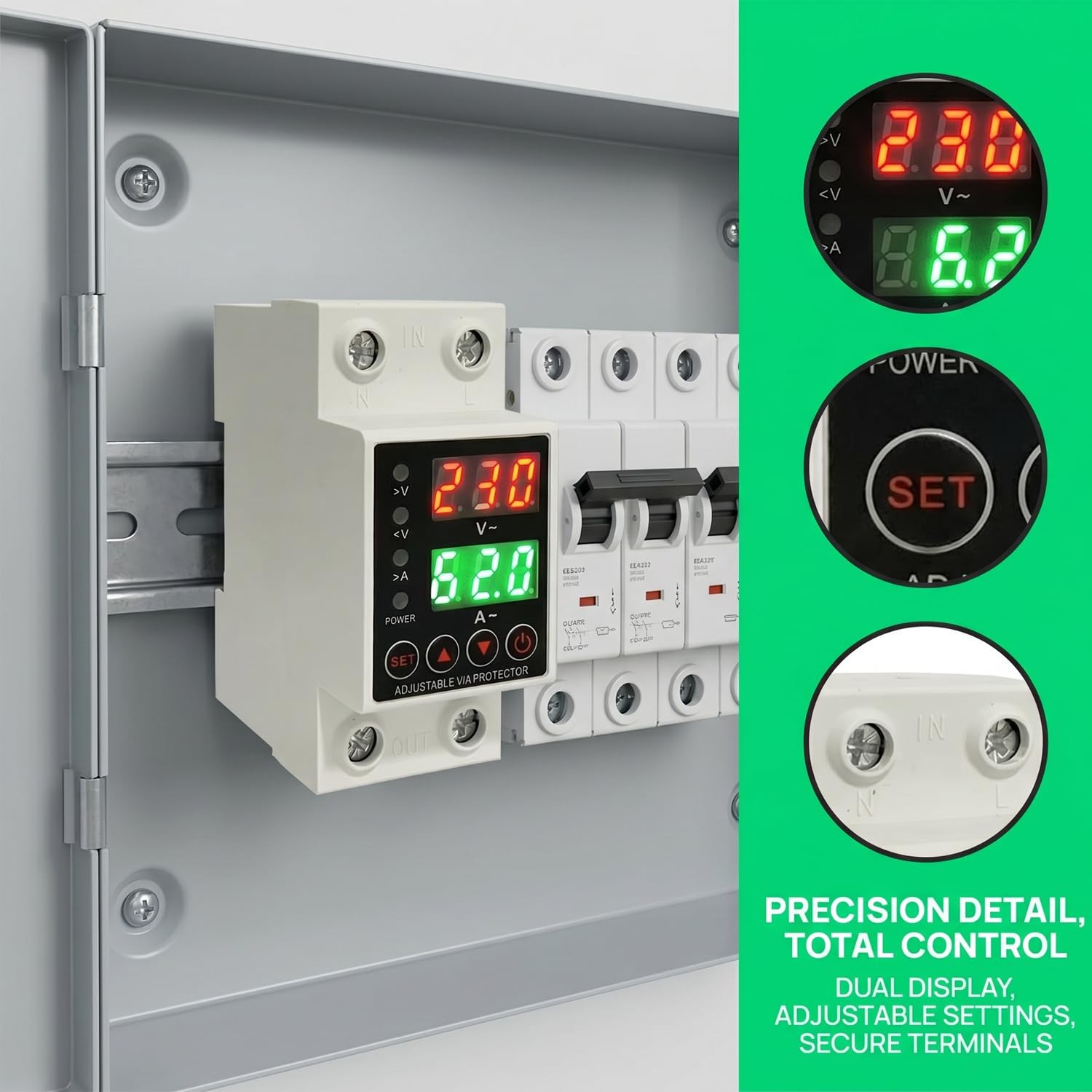 63A Smart Voltage Protector 110V 220V LCD Display Adjustable DIN Rail Mount