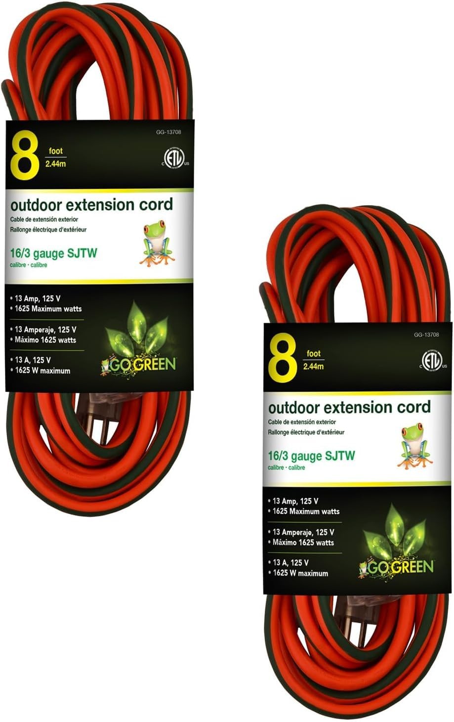 2 Pack GoGreen Power Inc G137082 16/3 8FT Heavy Duty Extension Cord Orange