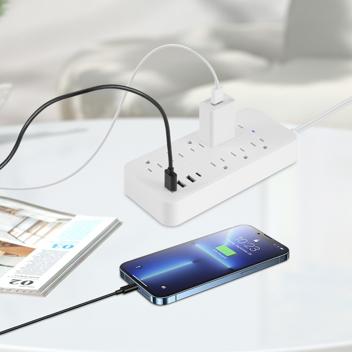 US Power Strip Surge Protector 8 AC Outlets 3 USB Ports + Type C Ports 150-120cm