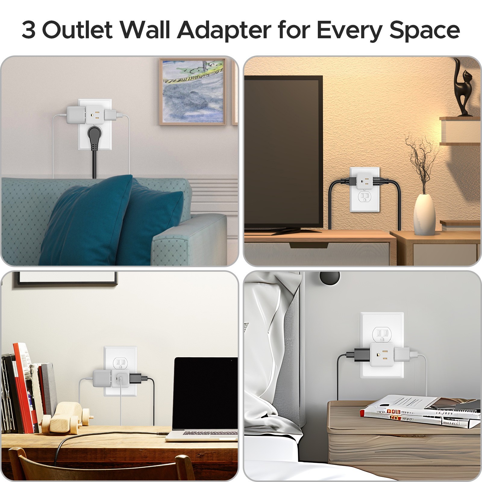 [ETL Listed] 3-Outlet Grounded Wall Plug Extension Travel Adapter,Power Splitter