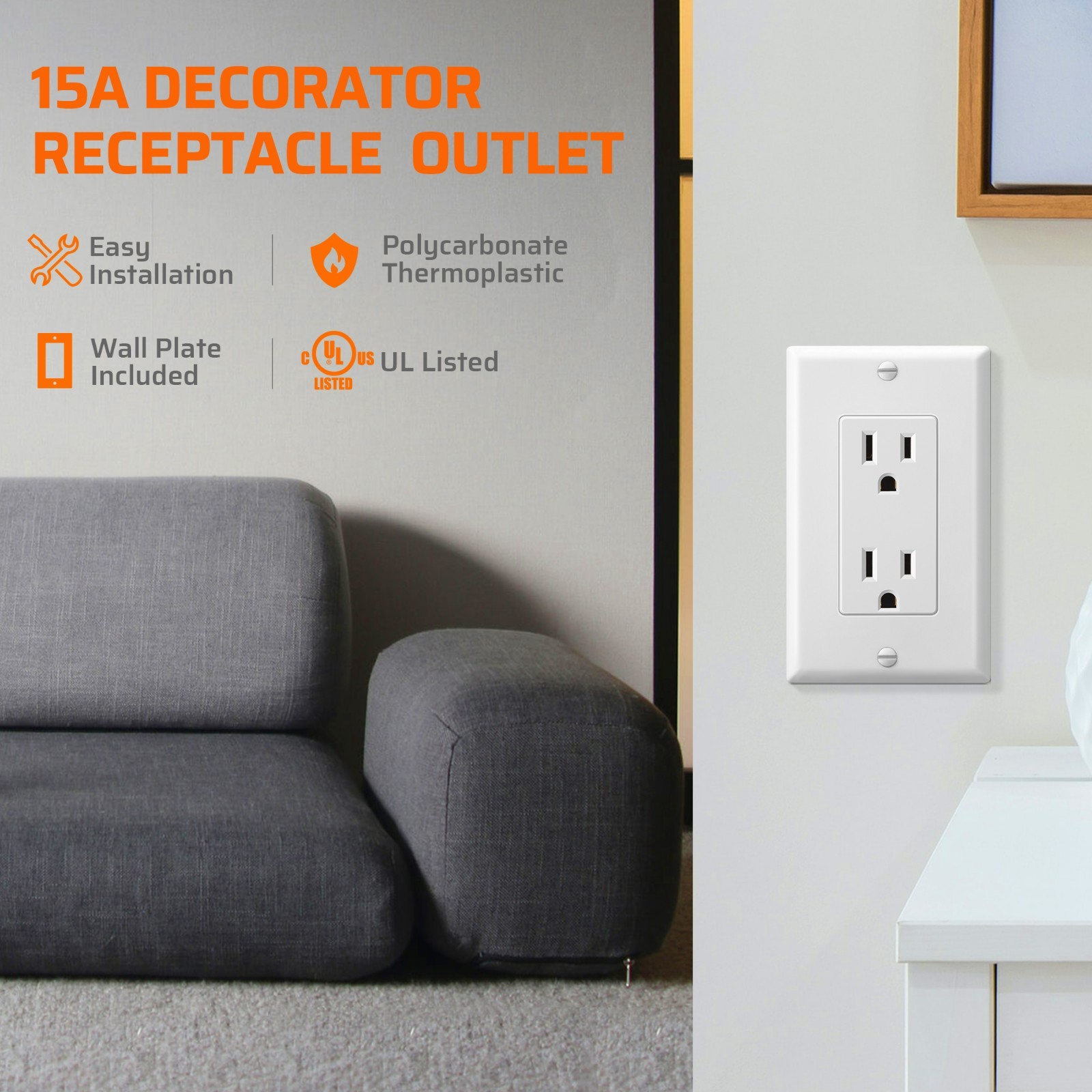 DEWENWILS 10 Packs Standard Electrical Wall Outlet, Non-Tamper Resistant,15 Amp