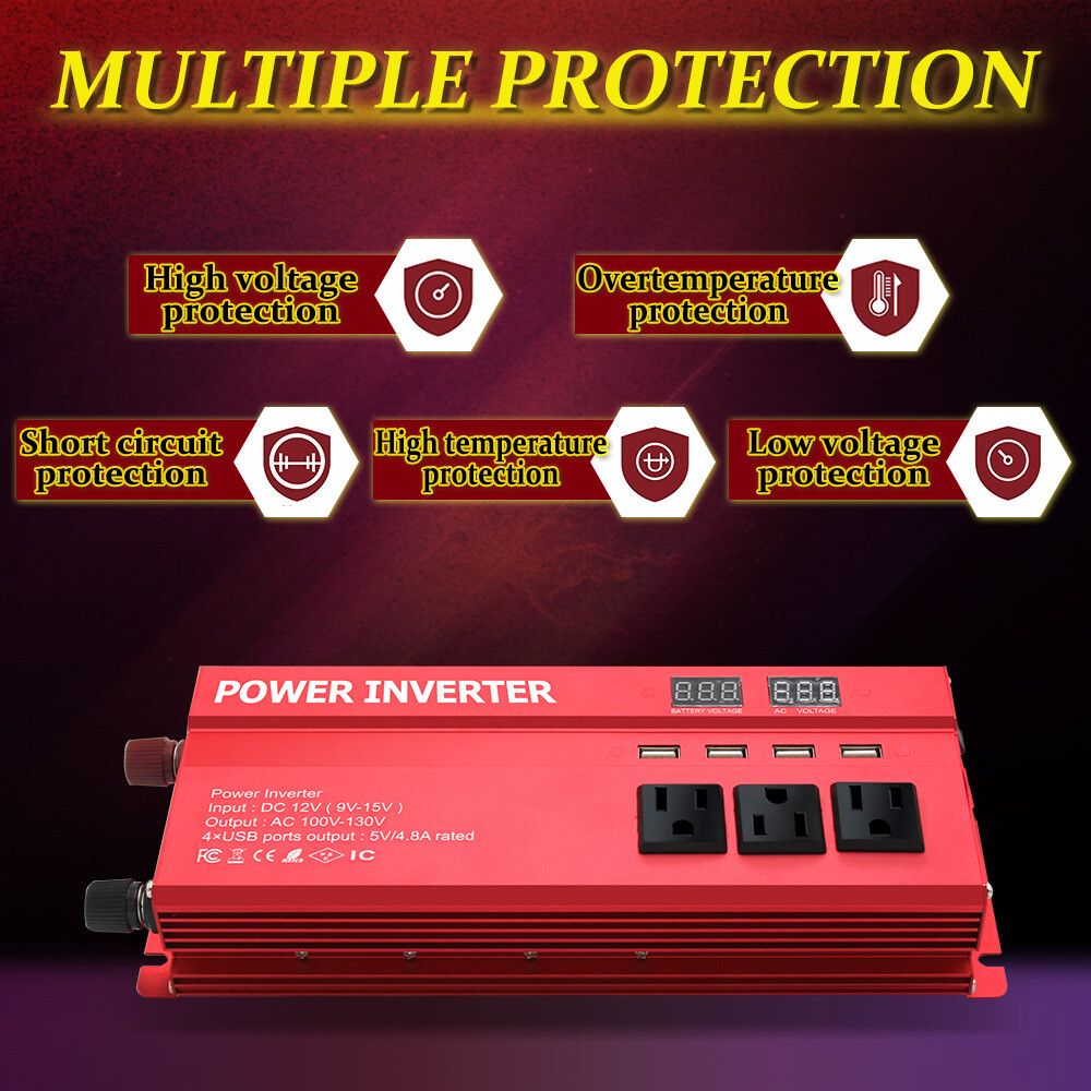 1000W Power Inverter 12V DC to 110V AC Converter 2000W Peak 3 Outlets 4 USB Port