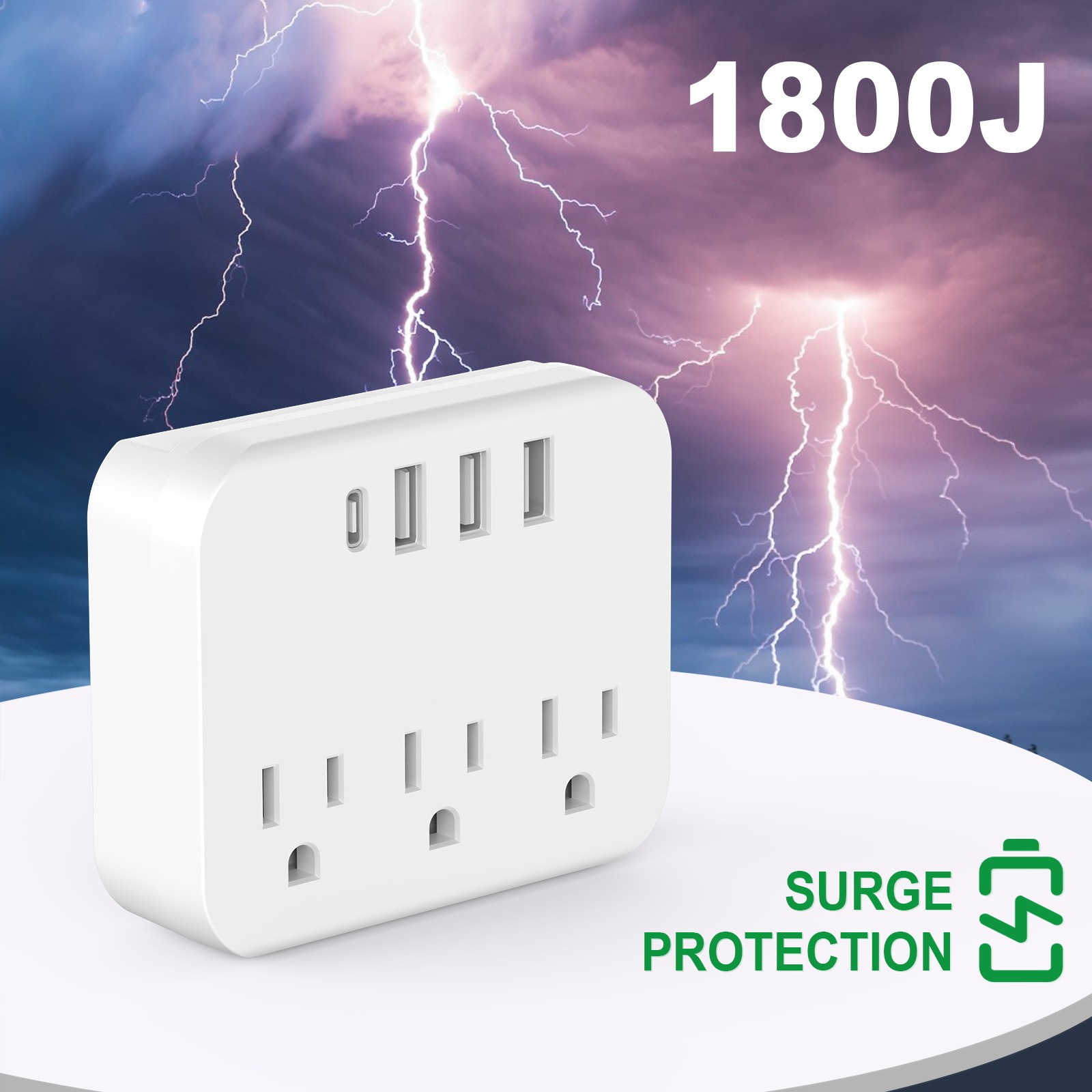 3 Outlet Extender 1800J Surge Protector With 4 USB Charger Port Wall Adapter Tap