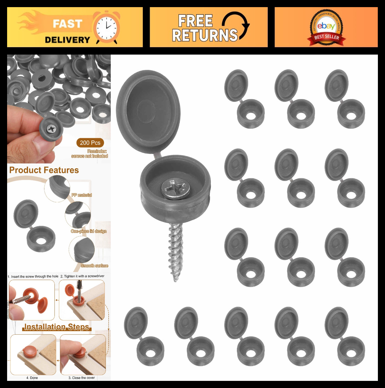 200pcs Plastic Screw Cover Caps 5.9mm Shutter Fold Snap Washers for Windows, Gra