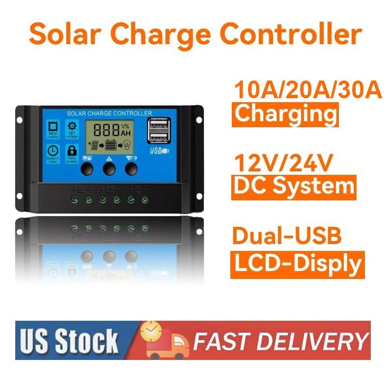 30A Solar Panel Battery Charge Controller 12V/24V LCD Regulator Auto with USB US