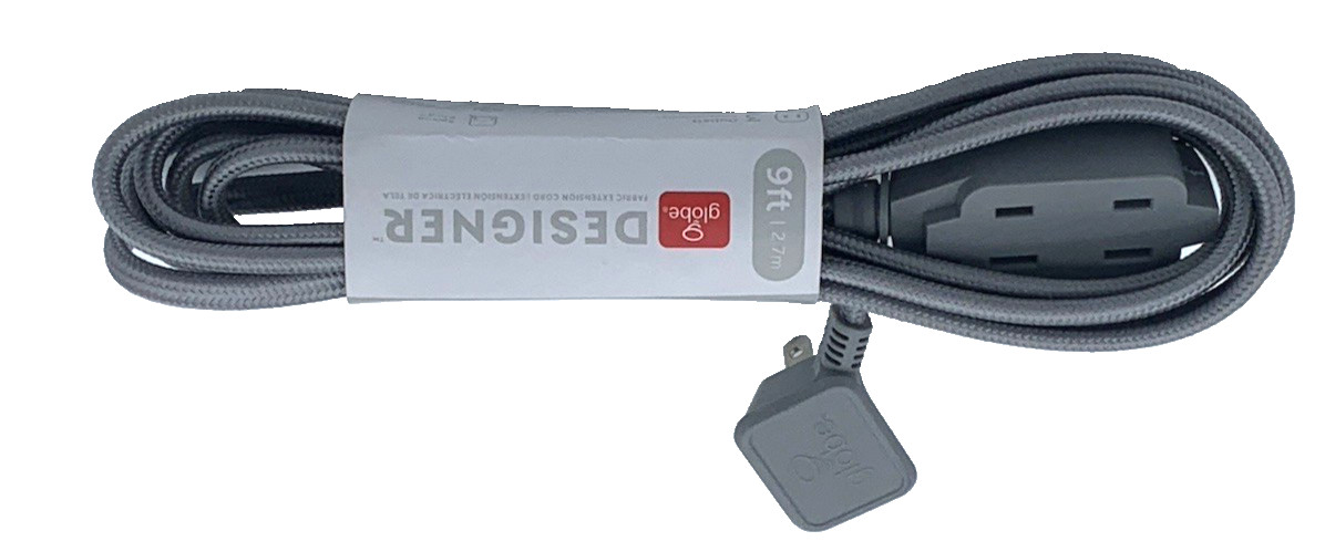 Globe “9 Foot” Fabric Indoor Extension Cord Grey 16/2 Gauge 3 Outlets 125V New