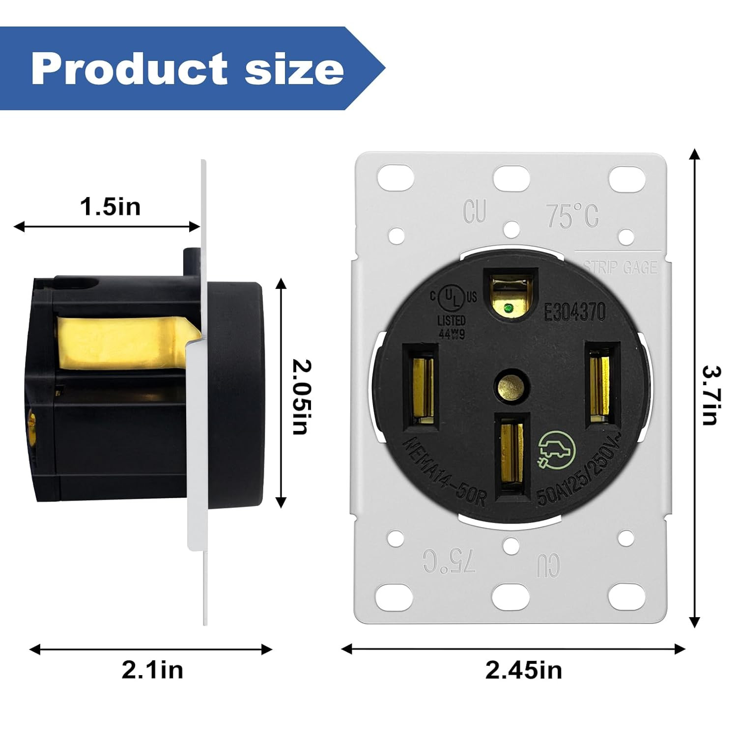 NEMA 14-50R 50 Amp Heavy-Duty EV Charging Receptacle Outlet 125/250V, Built for