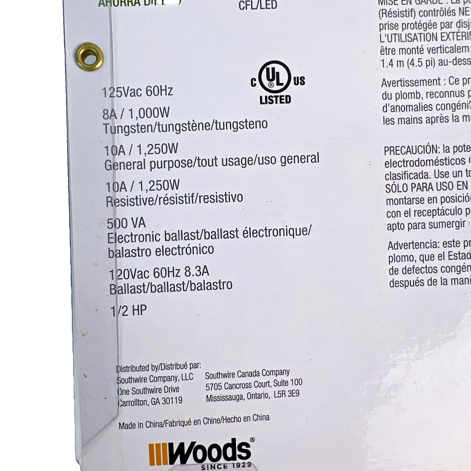 Woods Outdoor Lighting Timer Light Sensing Timer 24 Hours 6 Inch Cord New