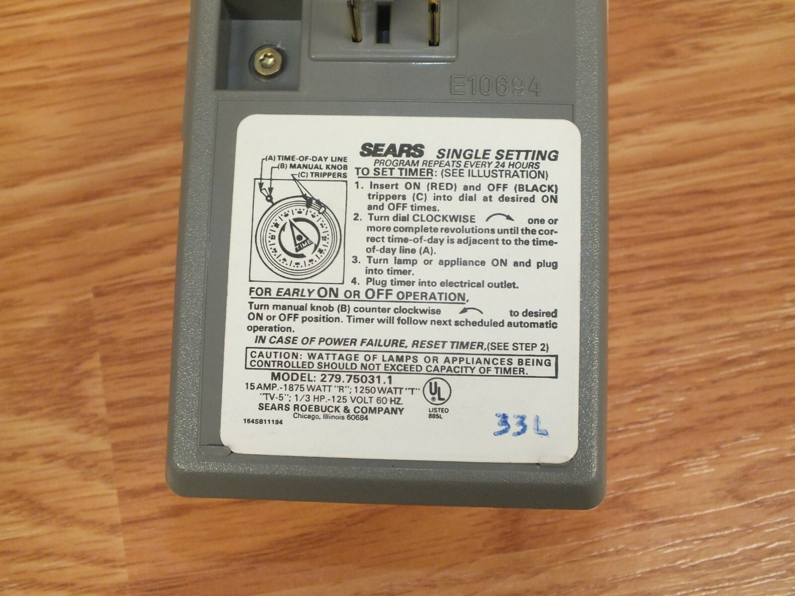 Genuine Sears (975031) Single Setting Plug-In Turns On/Off Every 24 Hours Timer