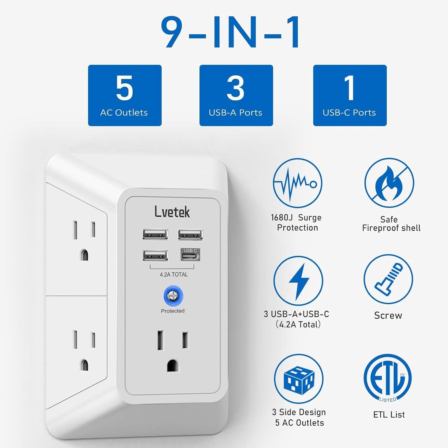 White 3U1C Multi Plug Wall Outlet Extender with 4 USB Charging Ports and 1 USB C
