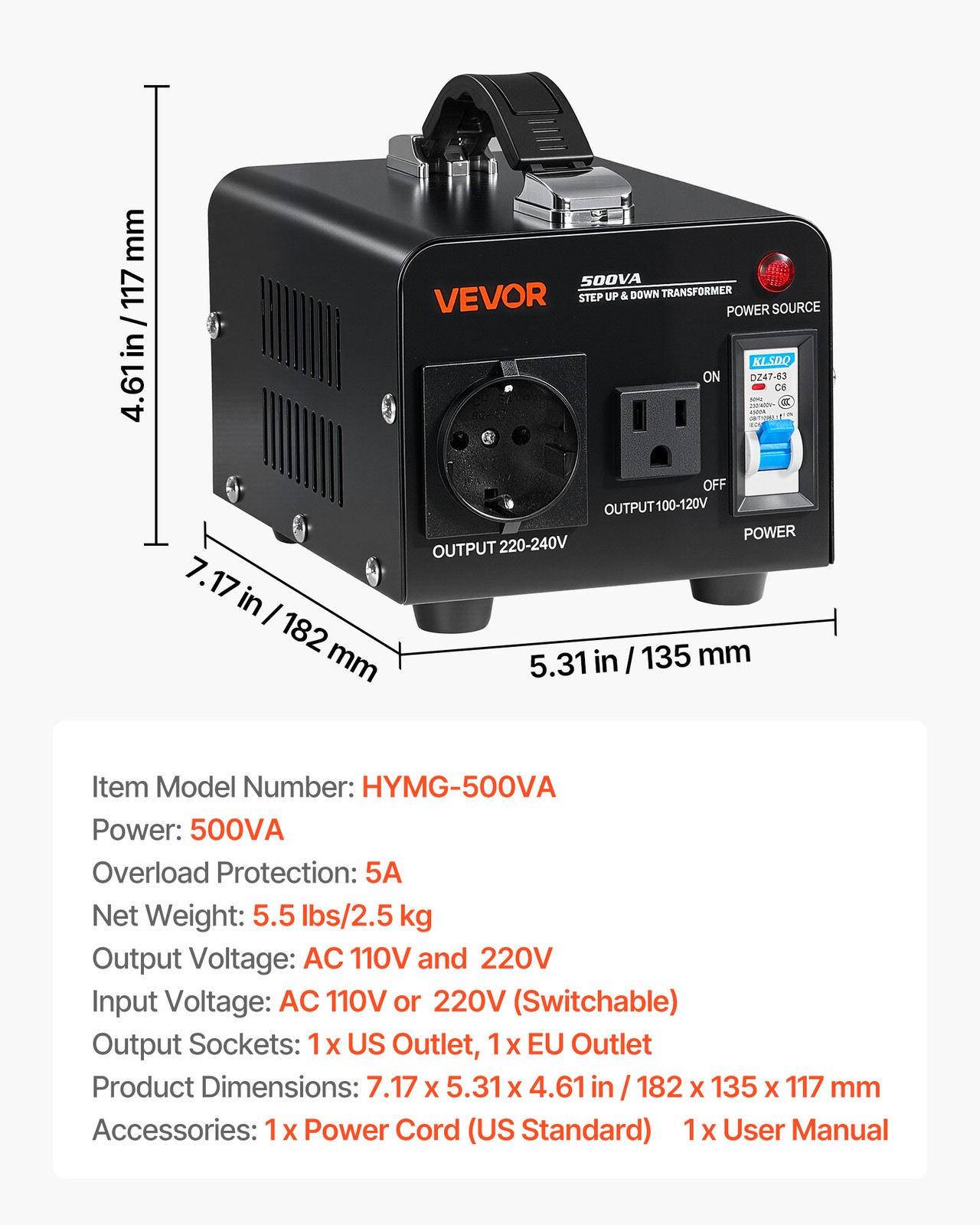 VEVOR Voltage Converter Transformer 500VA Step Up/Down 110V to 220V/220V to 110V