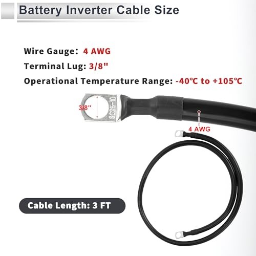 1 Pc Universal Battery Inverter Cable 3/8″ Lug 3FT Battery Cable 4 AWG Gauge