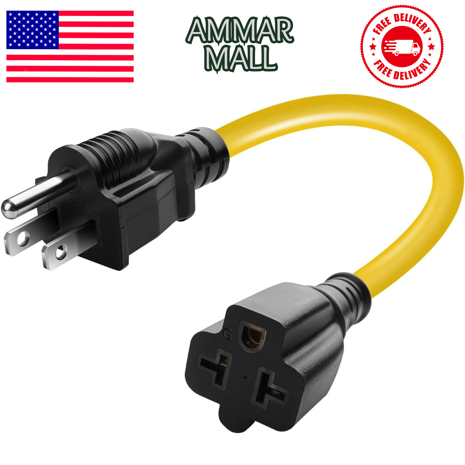 12AWG 15 Amp Household AC Plug to 20 Amp T Blade Adapter Cable, NEMA 5-15P to 5-
