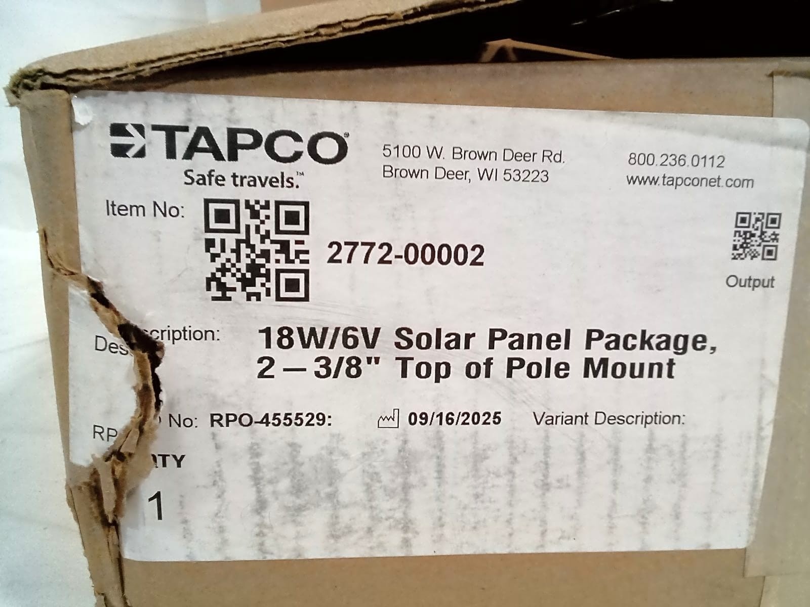 TAPCO 2772-00002 18W/6V Solar Panel Package 2-3/8″ Top of Pole Mount