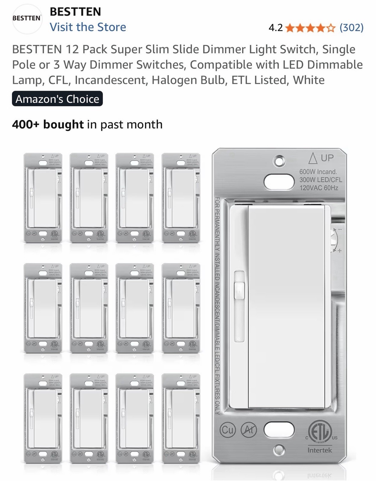 BESTTEN 12 Pack Super Slim Slide Dimmer Light Switch, Single Pole or 3 Way…