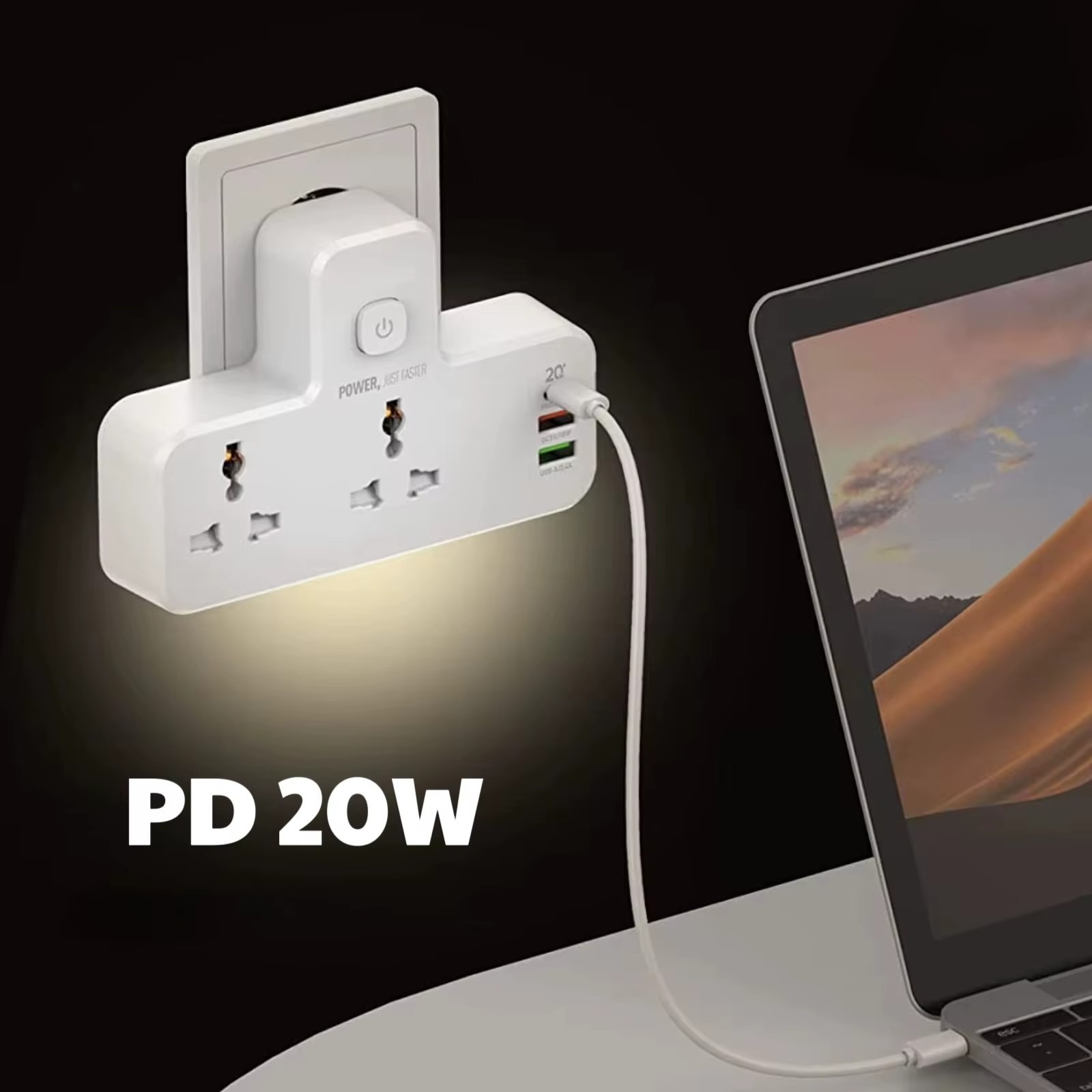 2500W 100-250V Power Extension Strip with 3 USB Ports LED Light 2 Power Outlets