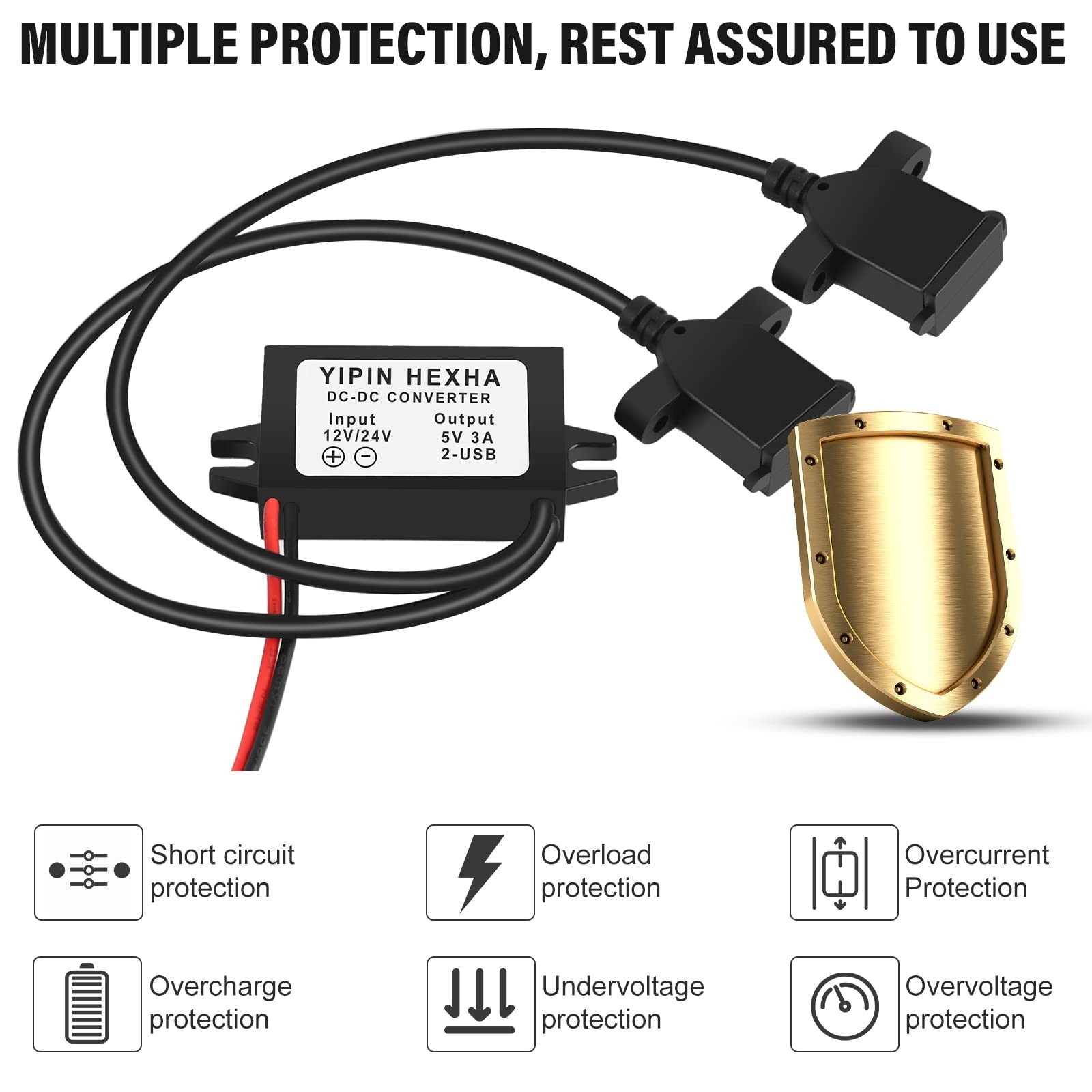 DC 24V/12V to 5V USB Type-C Right Angle Step Down 3A-Dual USB, Black