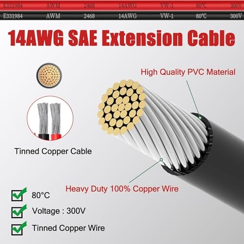 1.6/3.3/6.5/13/25/50 FT SAE to SAE Extension Cable 14AWG,14 Gauge 14AWG 50FT