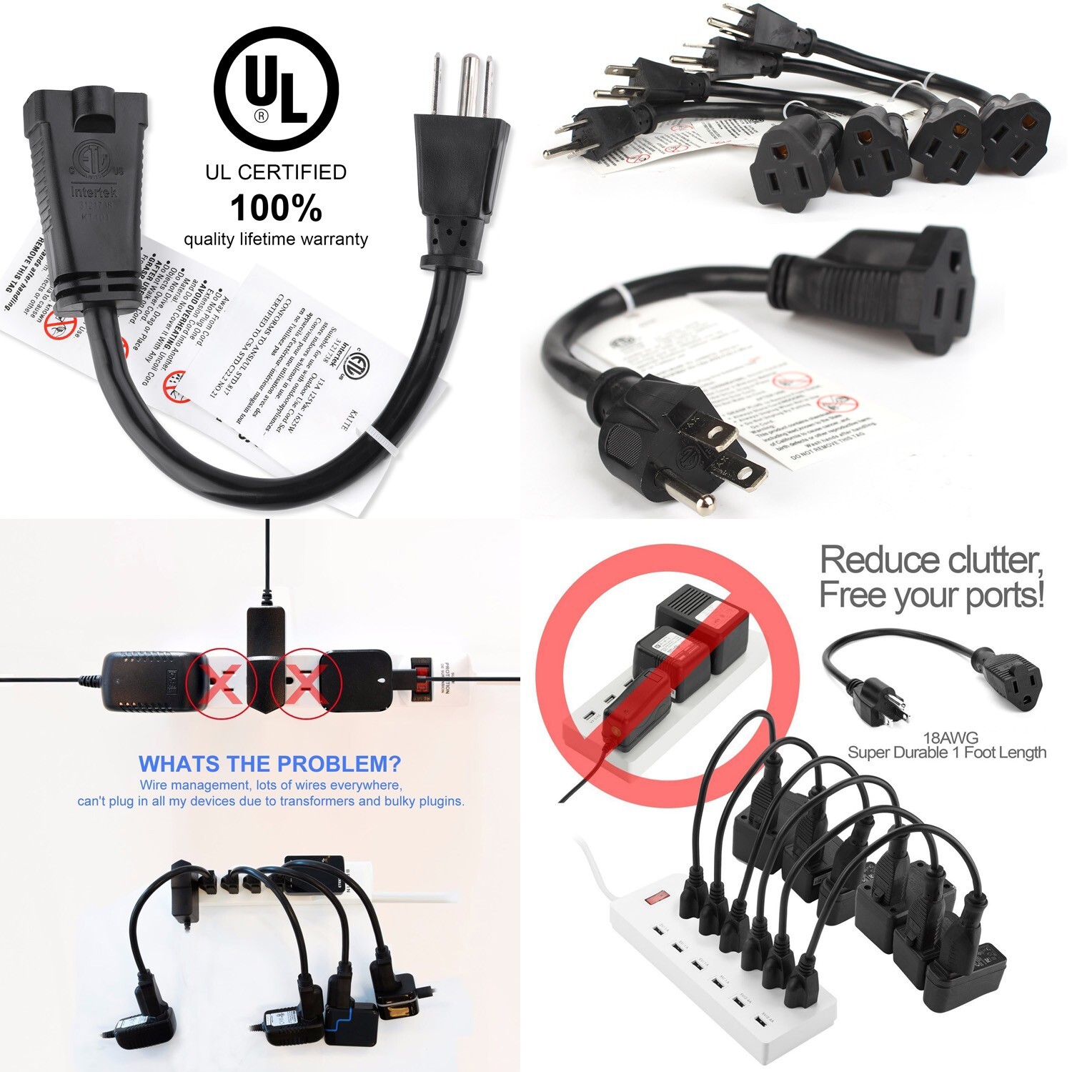 0.5ft Short Power Extension Cord Outlet Saver, 3Prong Indoor/Outdoor Use 3 PacK