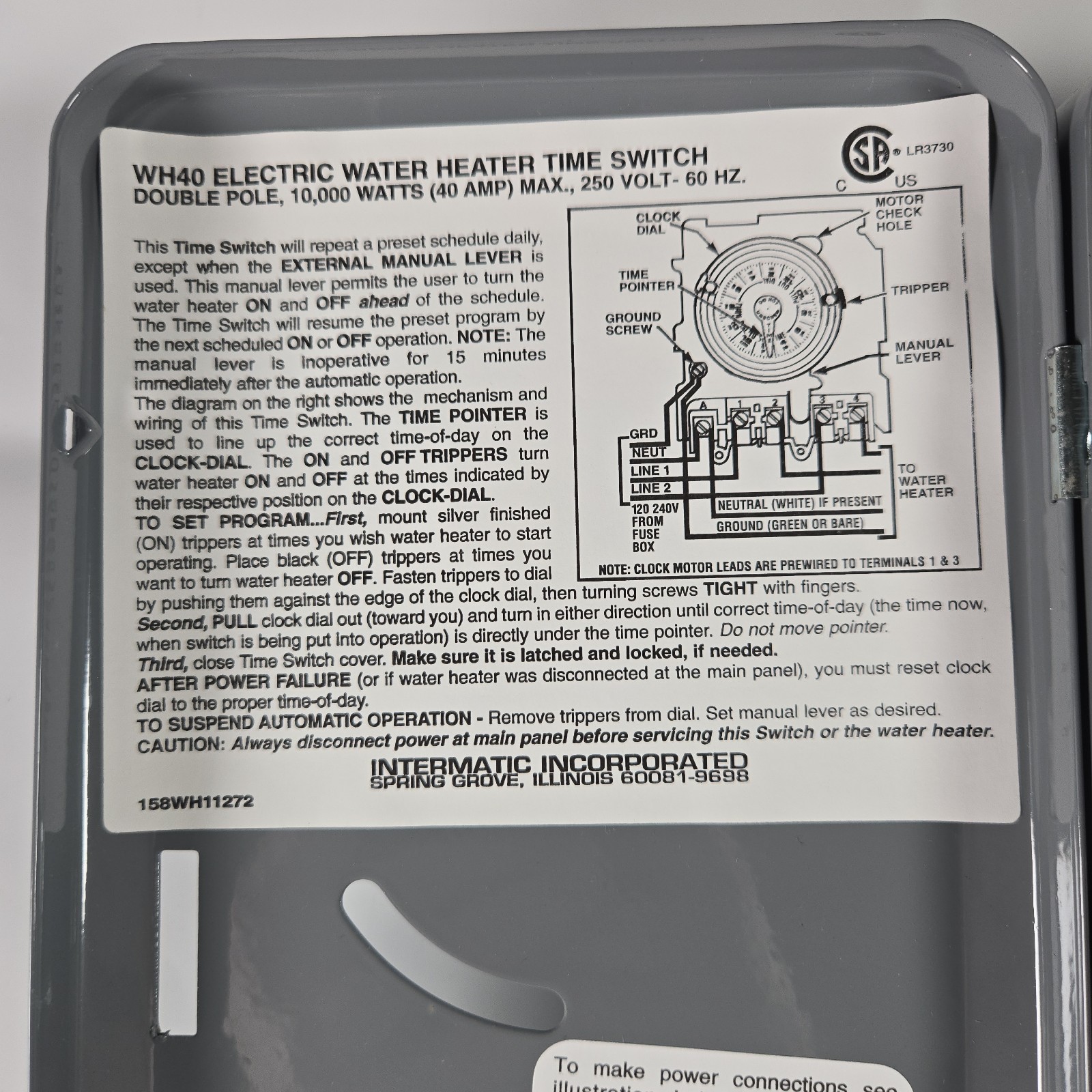 Intermatic Programmable Electric Water Heater Timer-Little Gray Box-WH40-40amp