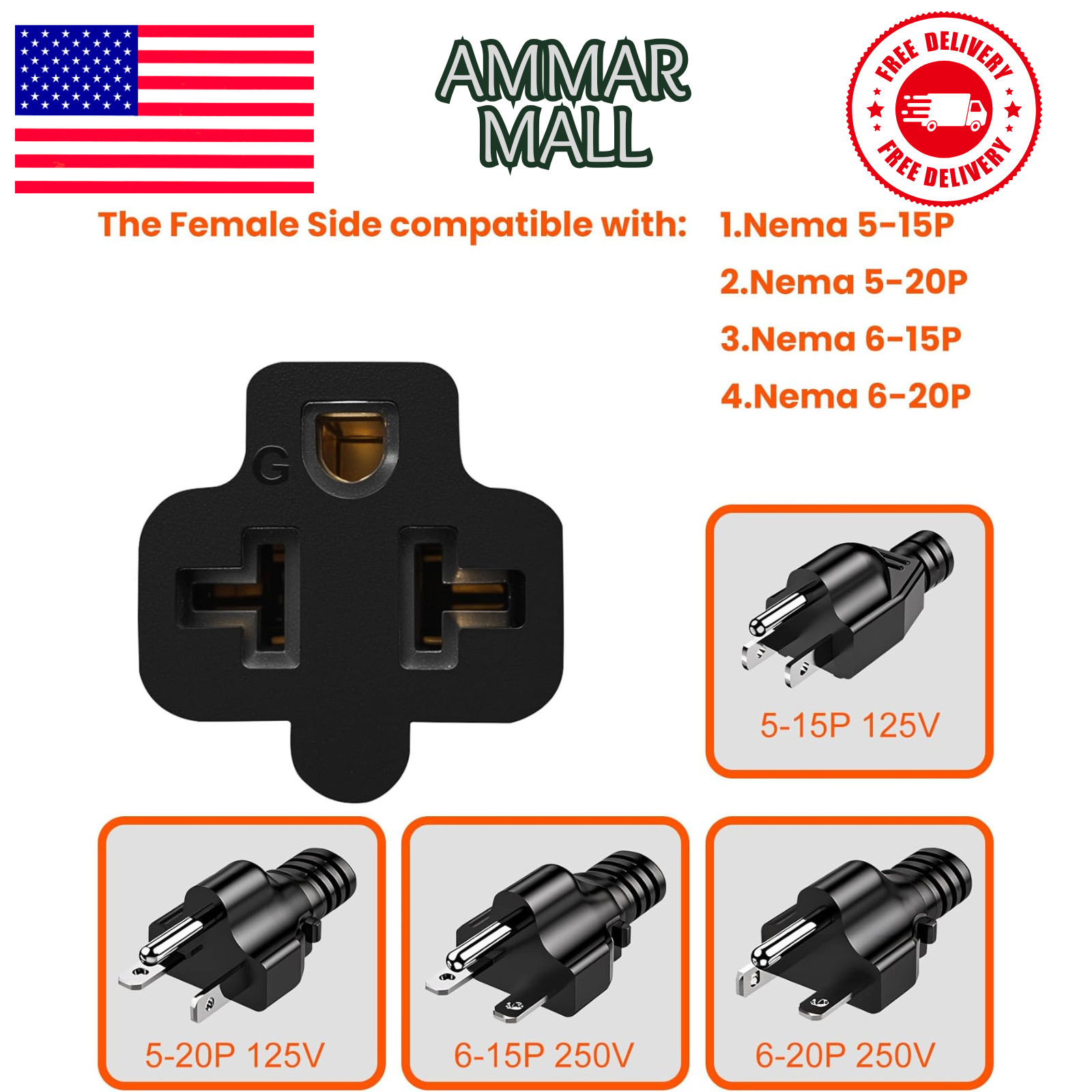 12AWG 15 Amp Household AC Plug to 20 Amp T Blade Adapter Cable, NEMA 5-15P to 5-