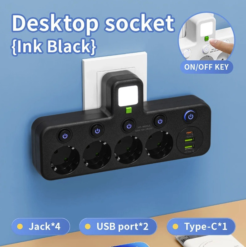1pc EU Plug Power Strip 4 Sockets Wall Adapter Switch No Cable – NEW