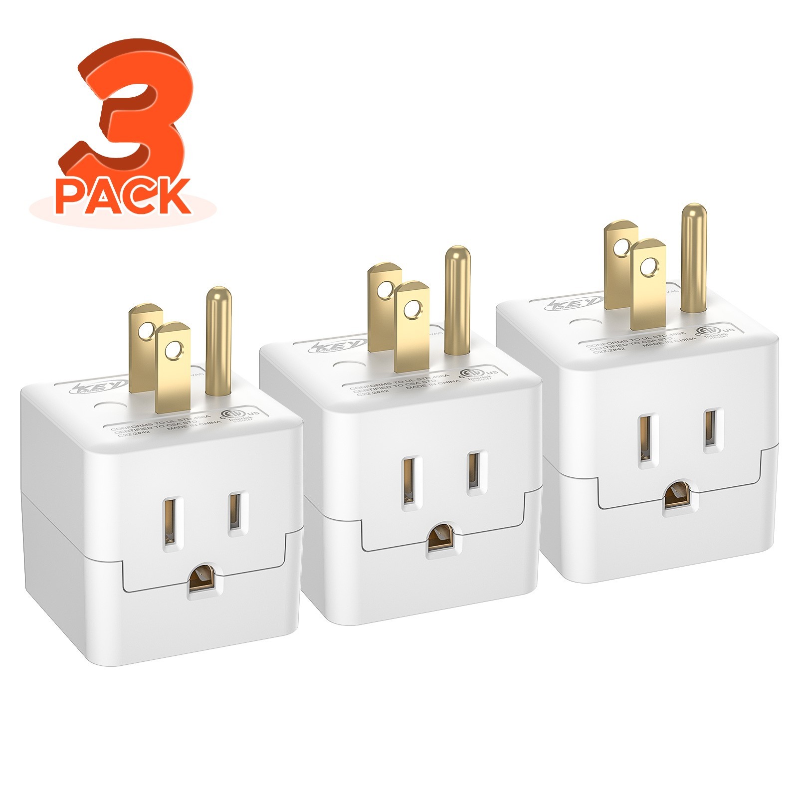 [ETL Listed] 3-Outlet Grounded Wall Plug Extension Travel Adapter,Power Splitter