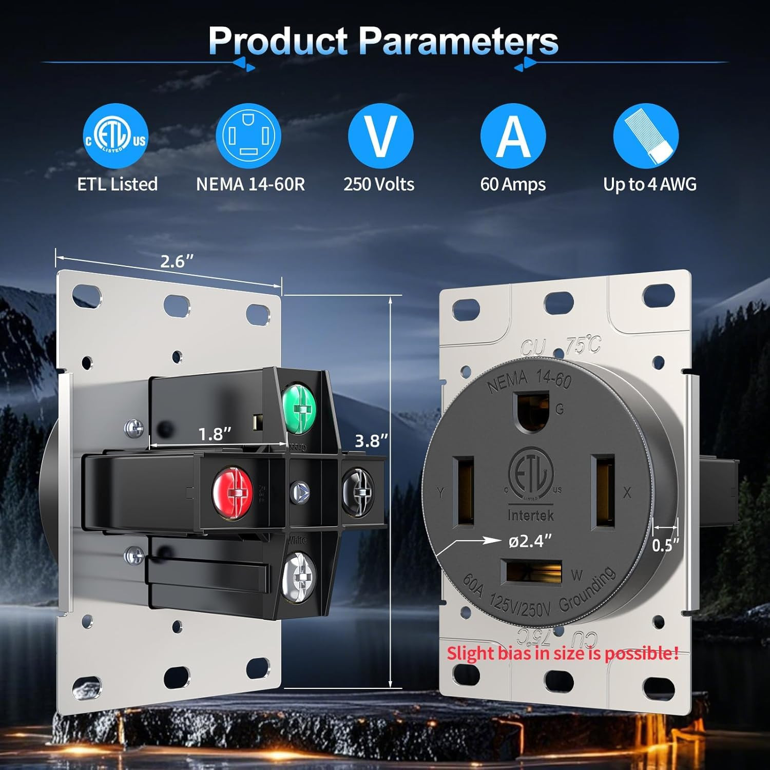 60A Receptacle NEMA 14-60R Flush Mount Outlet 125/250V 4-Prong Socket Industrial