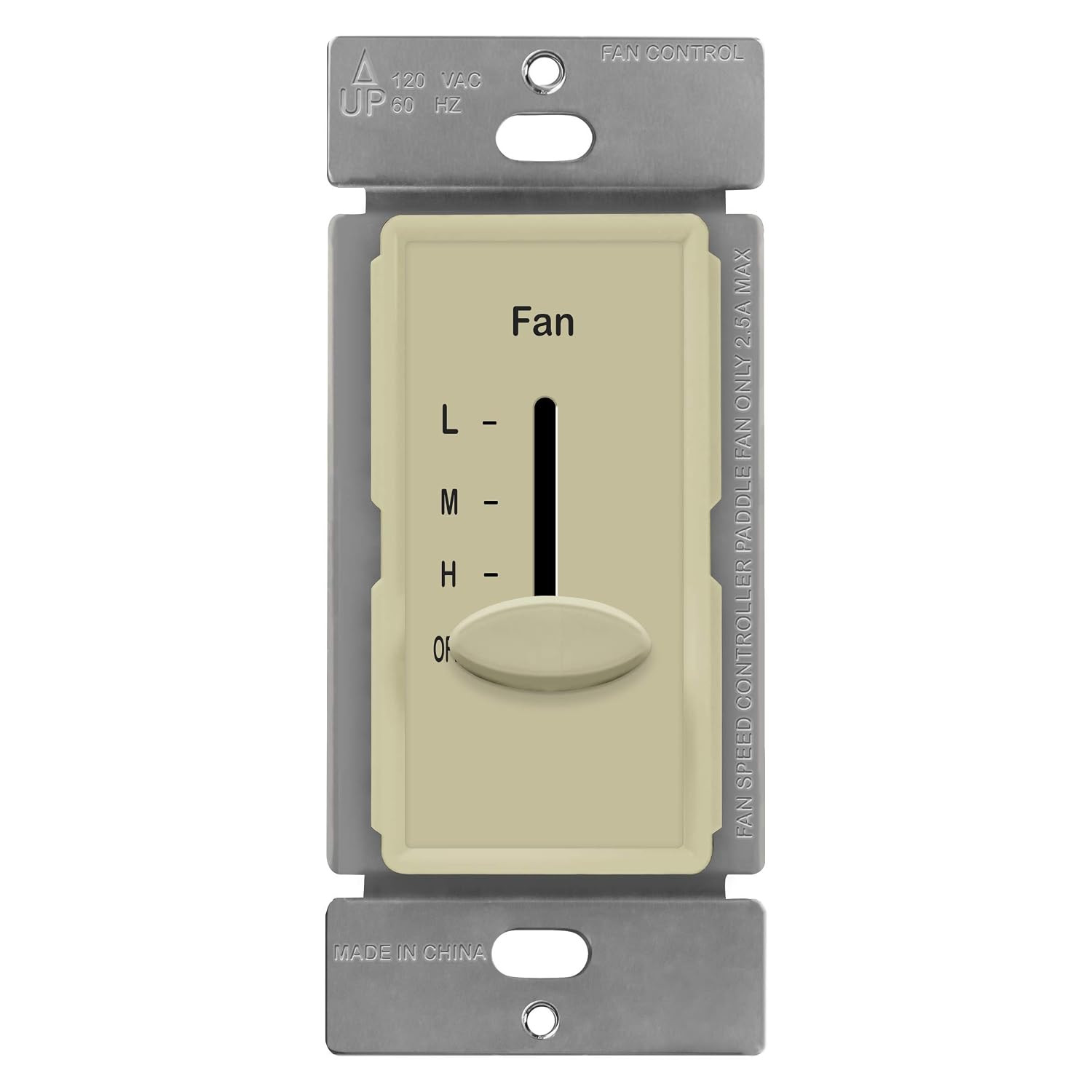 3 Speed Decora in Wall Ceiling Fan Control, Slide Switch, 120VAC, 2.5A, Single-P
