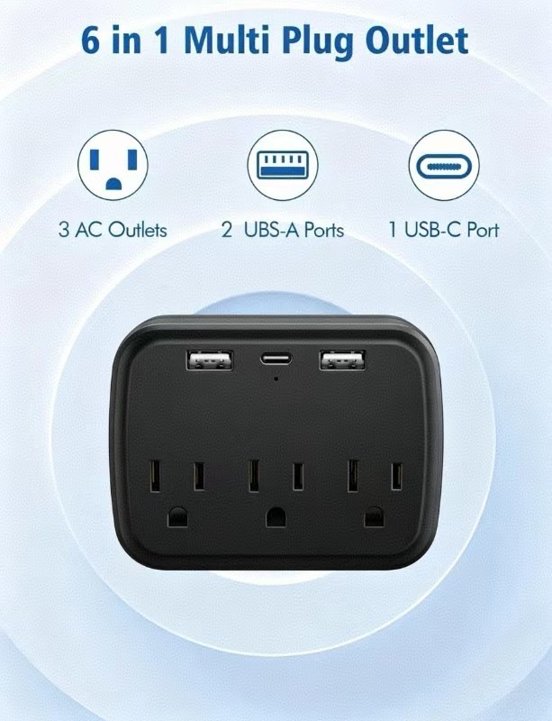 3 Outlet Extender Surge Protector Multi Plug Wall Adapter USB/USB-C Charger Port