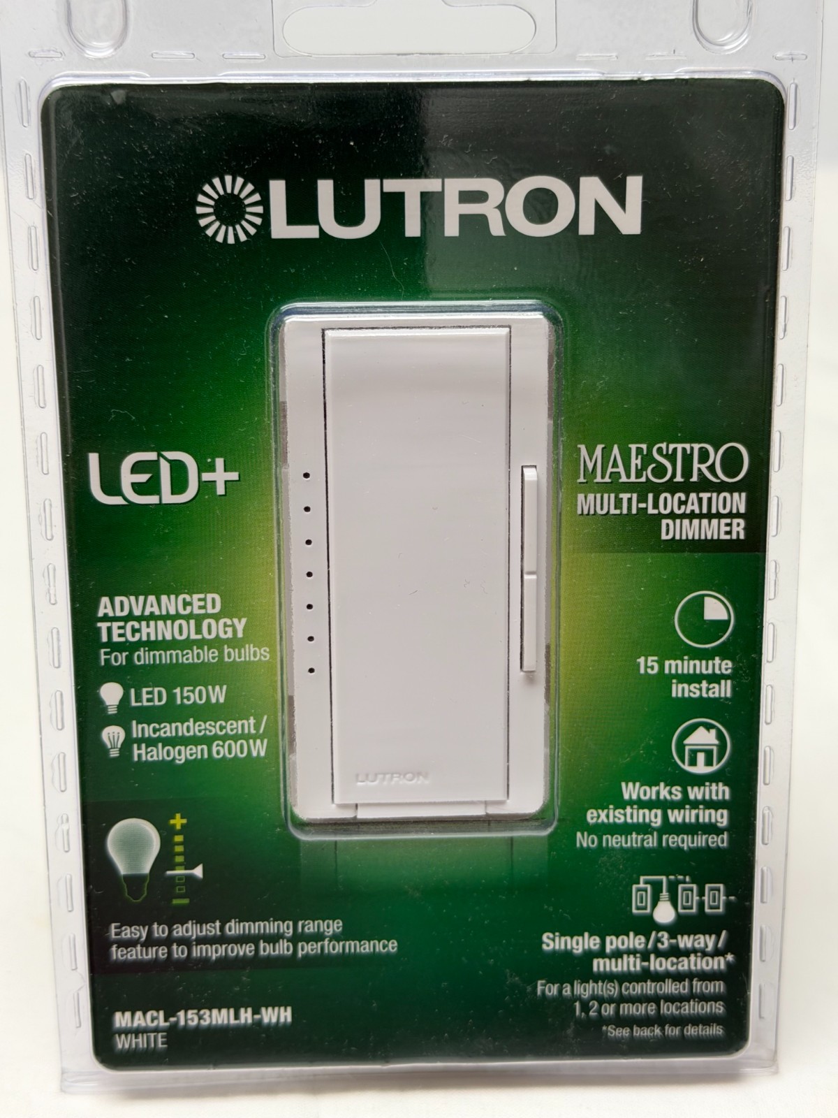 New Lutron MACL-153MLH-WH Maestro Multi-Location LED Decora Dimmer Switch – Whit