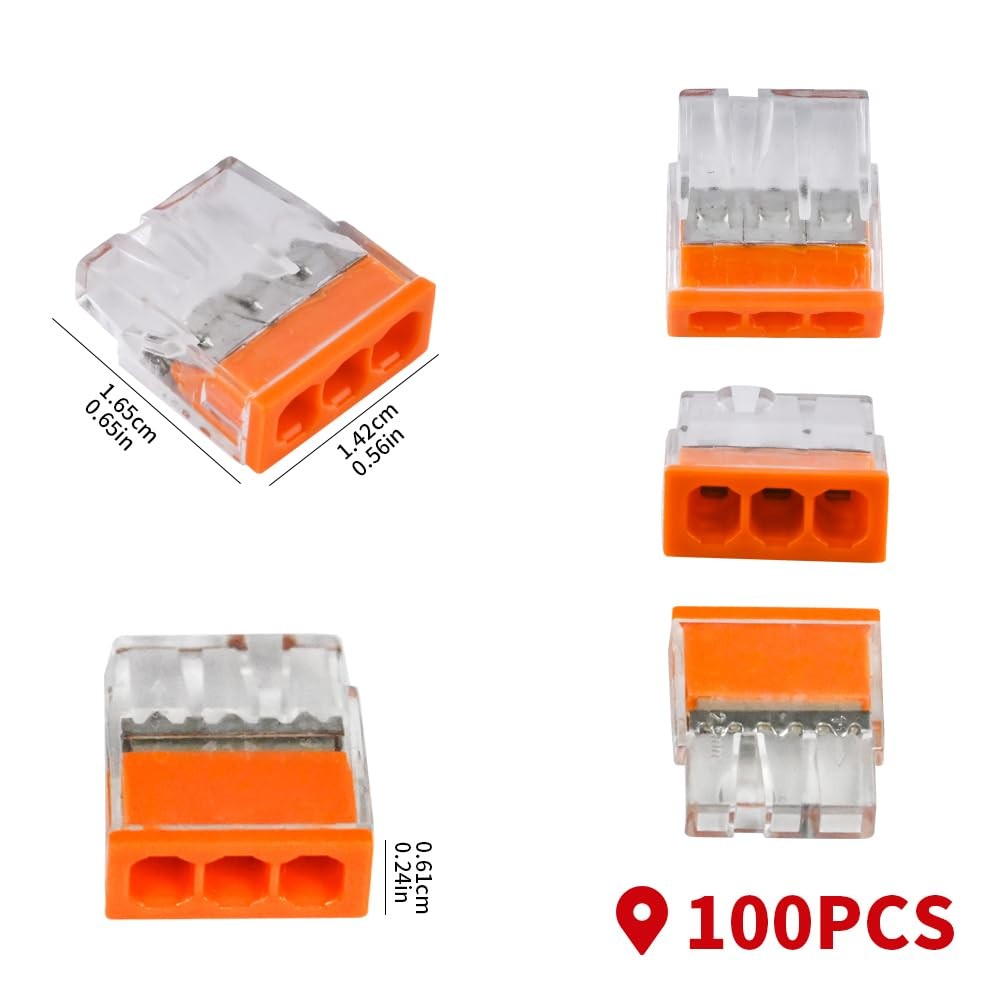 100pcs Wire Connectors Push-in Kit, 3 Ports Electrical 100pcs, Transparent