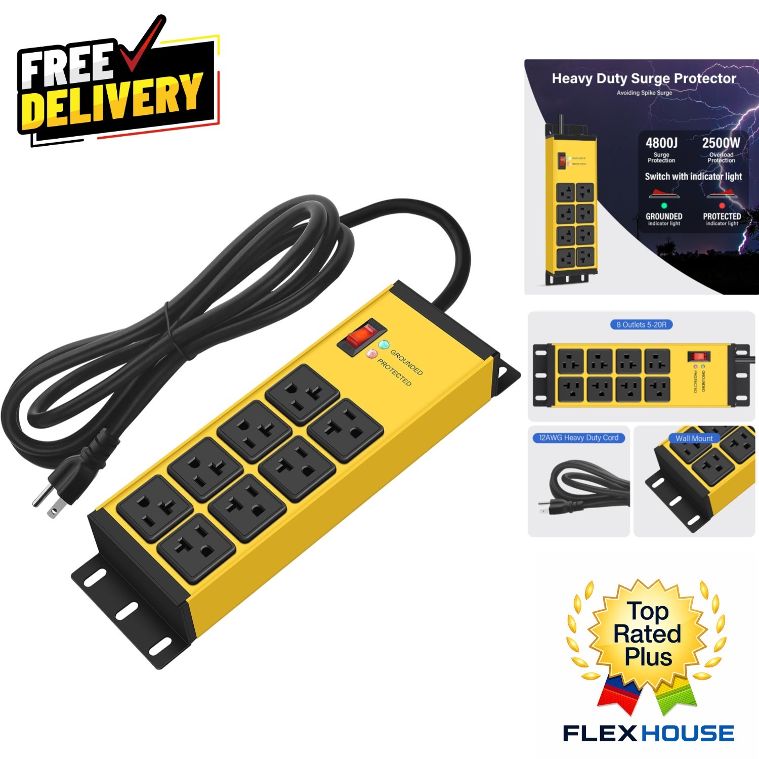 Professional 12AWG Magnetic Power Strip – 8 Outlets, 4800J Surge Protection, 20A