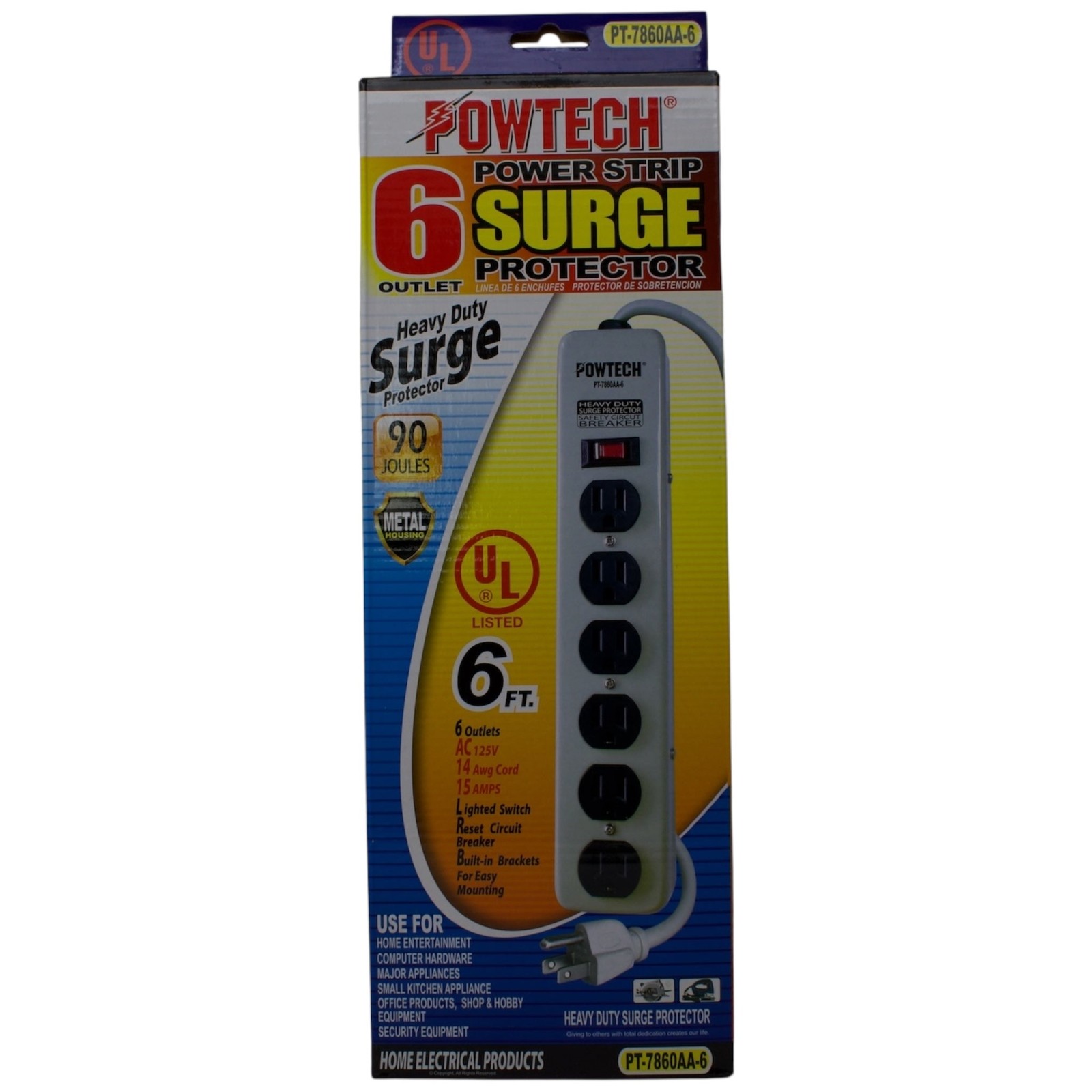 Heavy Duty Metal 6 Outlet Surge Protector 6ft Cord 90 Joules 15 Amps – UL Listed