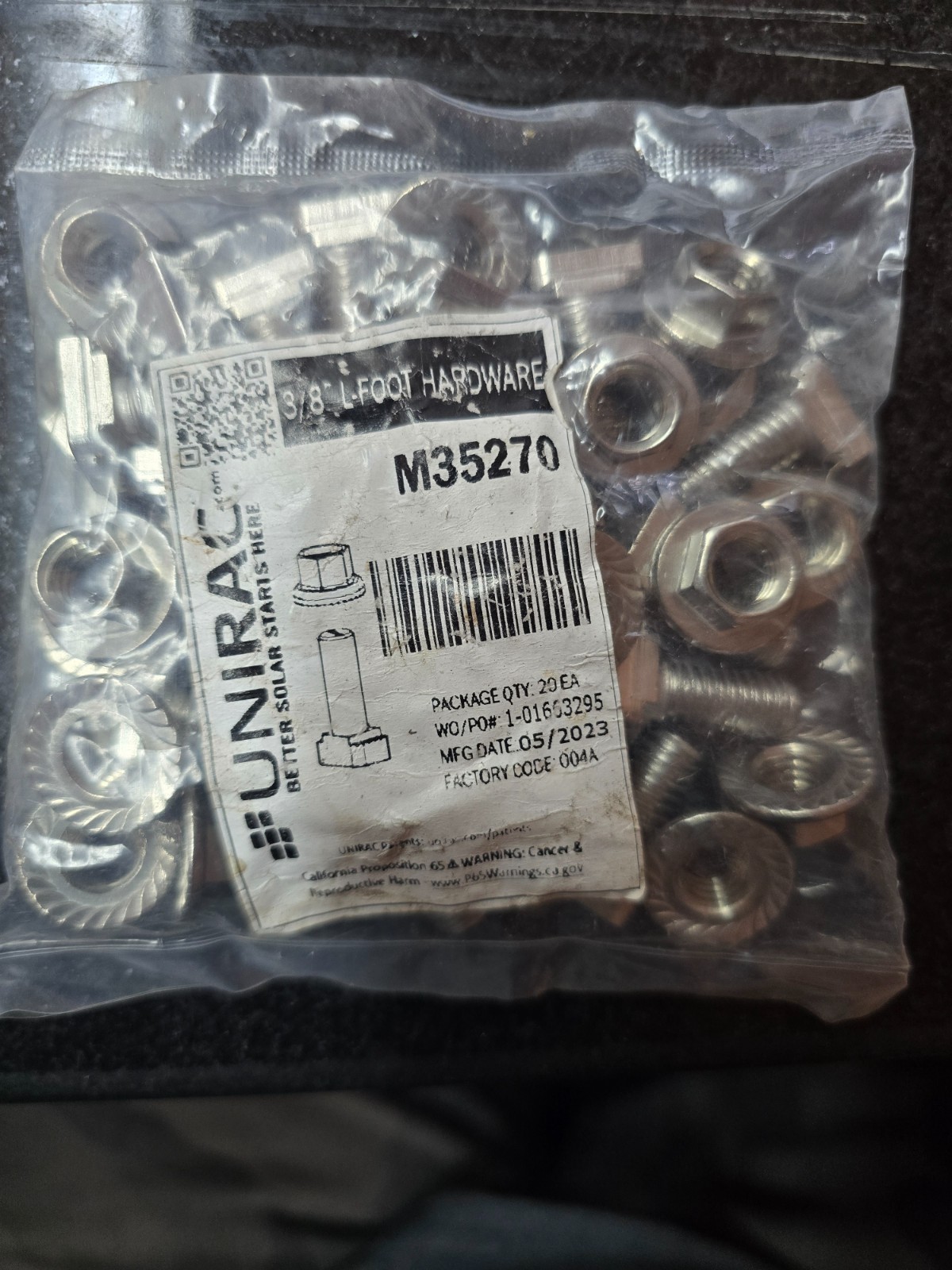 Unirac M35270 Solar Mount Bonding T-Bolt & Nut, 3/8″ x 3/4″, SS. 1 Ea. 20 Pack