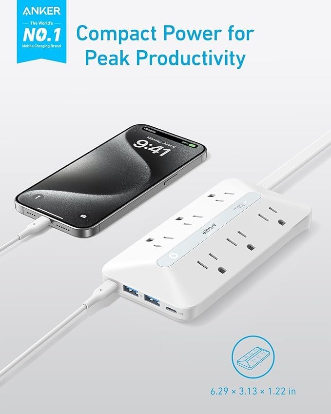 Anker Power Strip with 300J Surge Protector, Flat Plug Extension 10FT, White