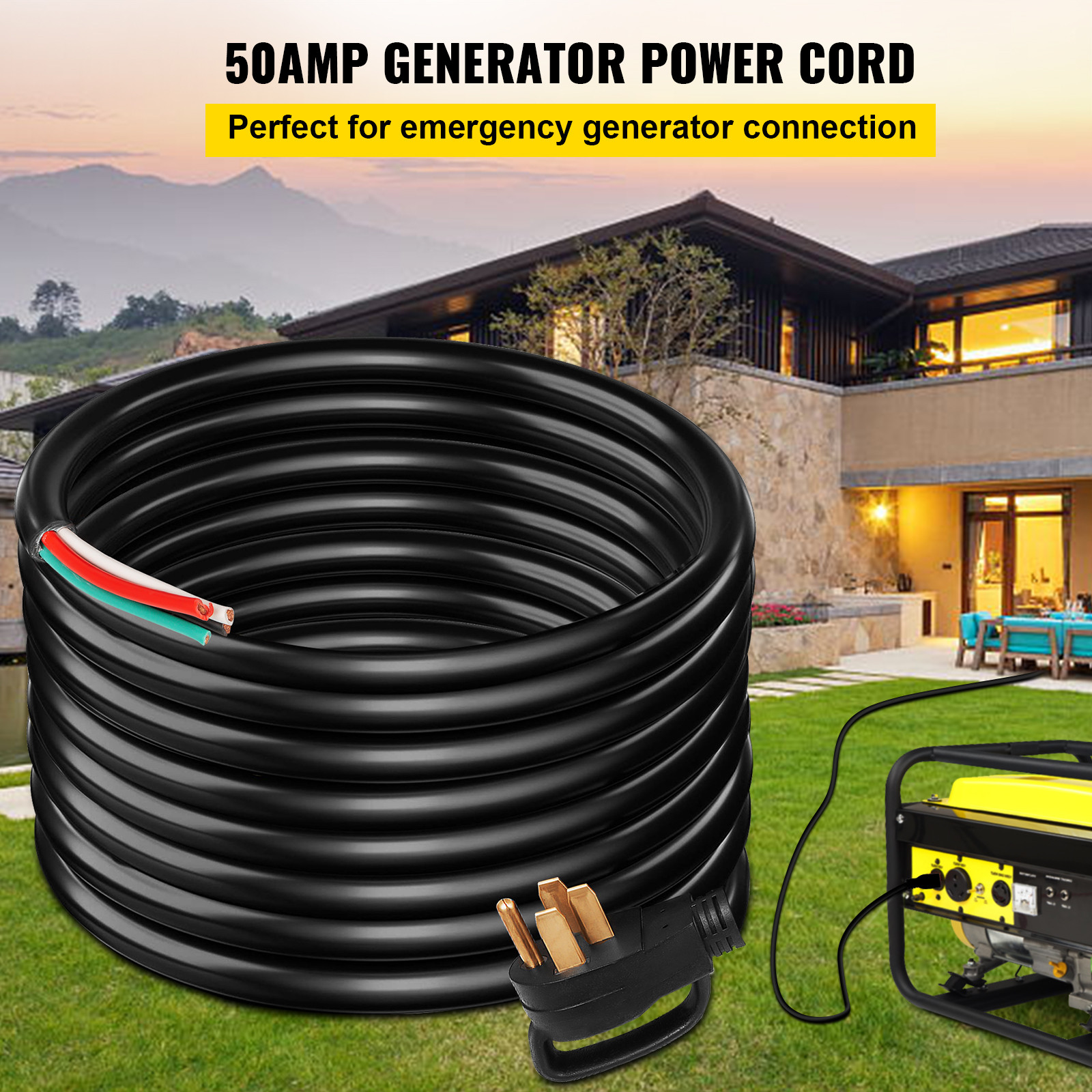 VEVOR 50A 50ft RV/Generator Extension Cord N14-50 to Bare Wire STW 6/3+8/1 Cable