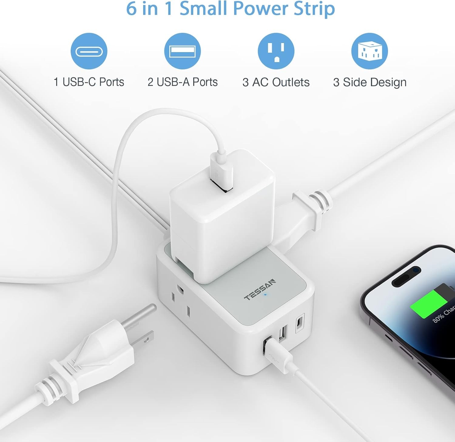 Thin Flat Plug Power Strip with USB 3 Outlet Slim 10ft Cord Portable for Travel