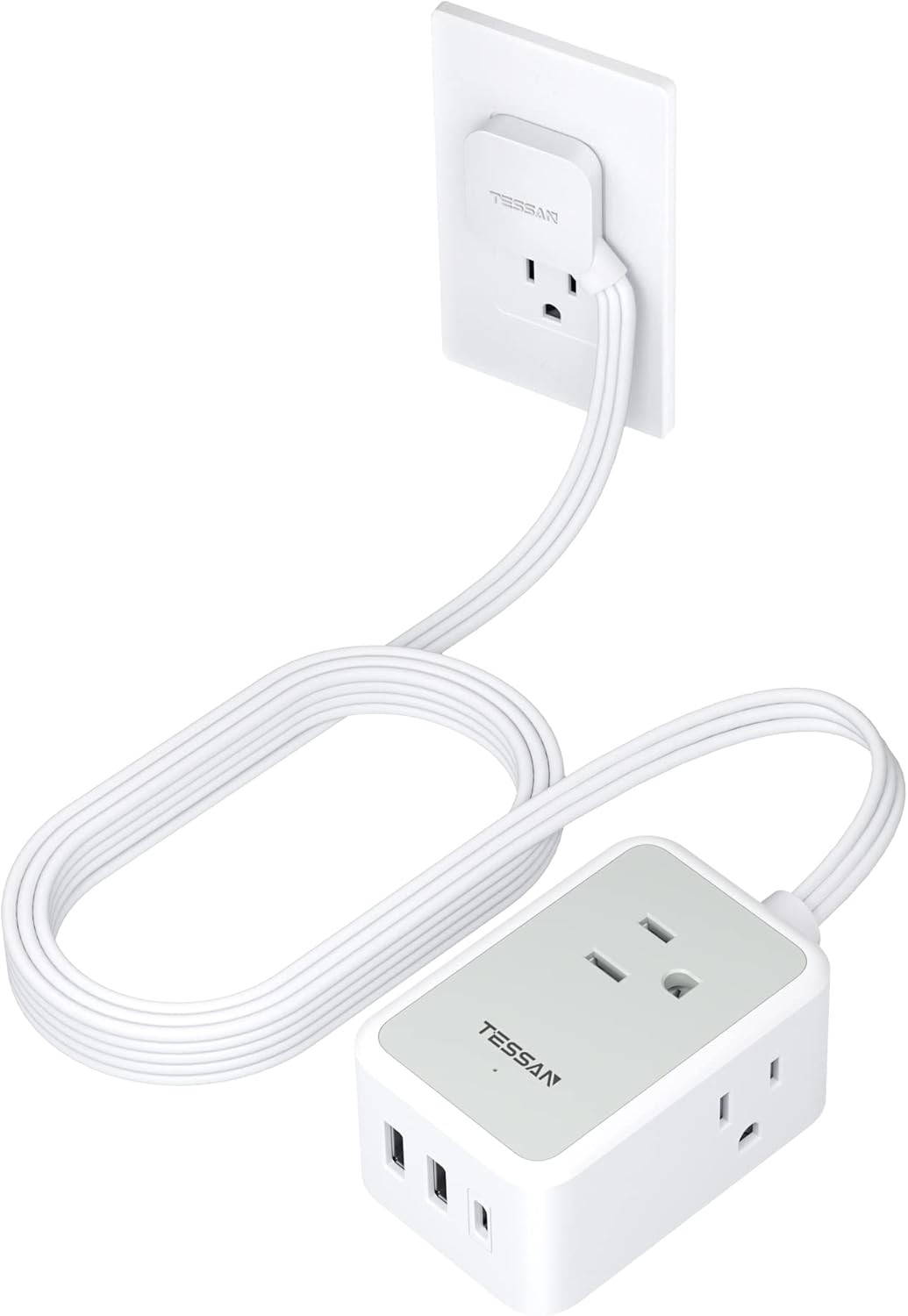 Flat Plug Power Strip with 3 USB Charger (1 USB C) 3 Outlet Extension Cord 10 FT