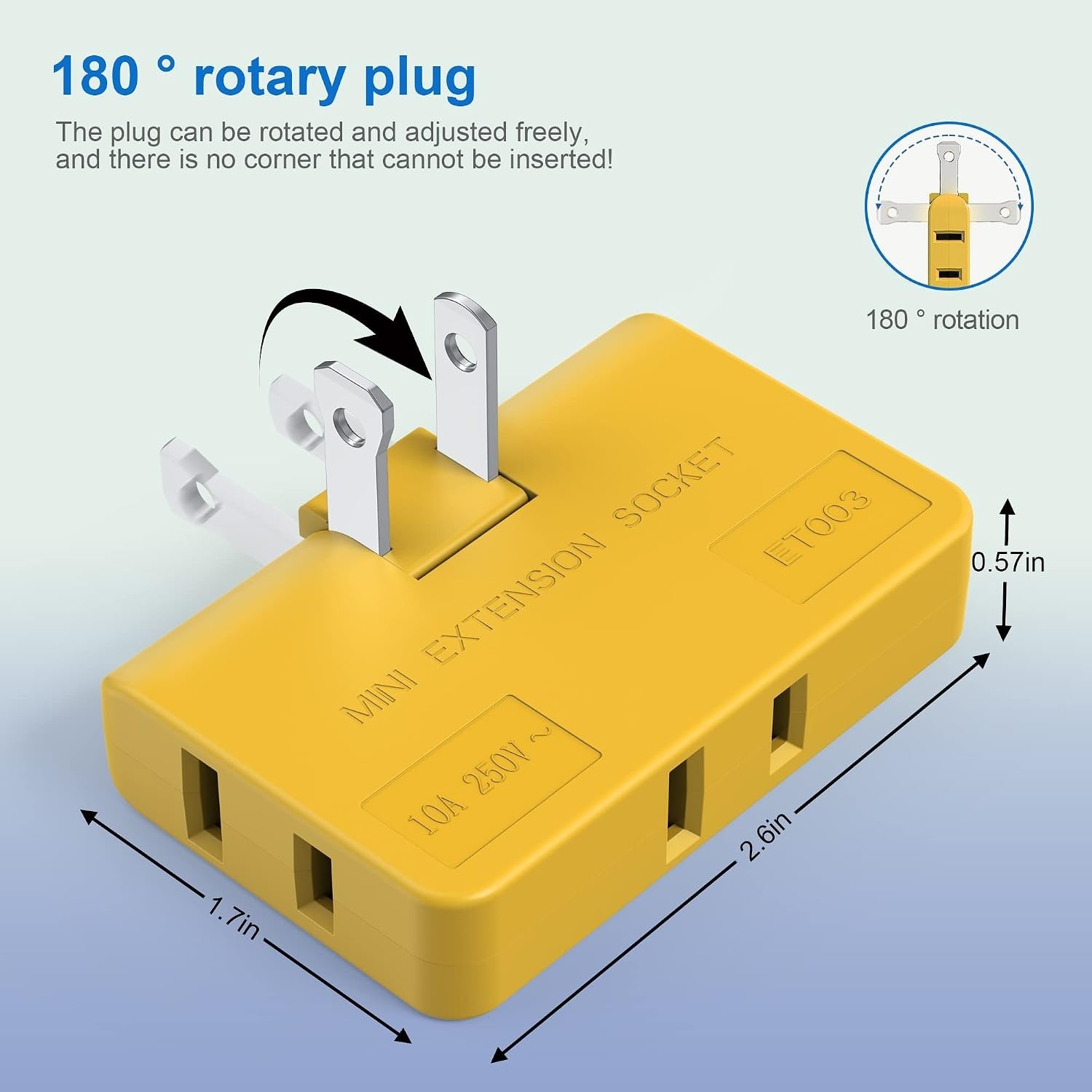 Compact 3 Way Flat Plug Adapter – 2 Prong Rotating Power Outlet Extender, 2 Pack
